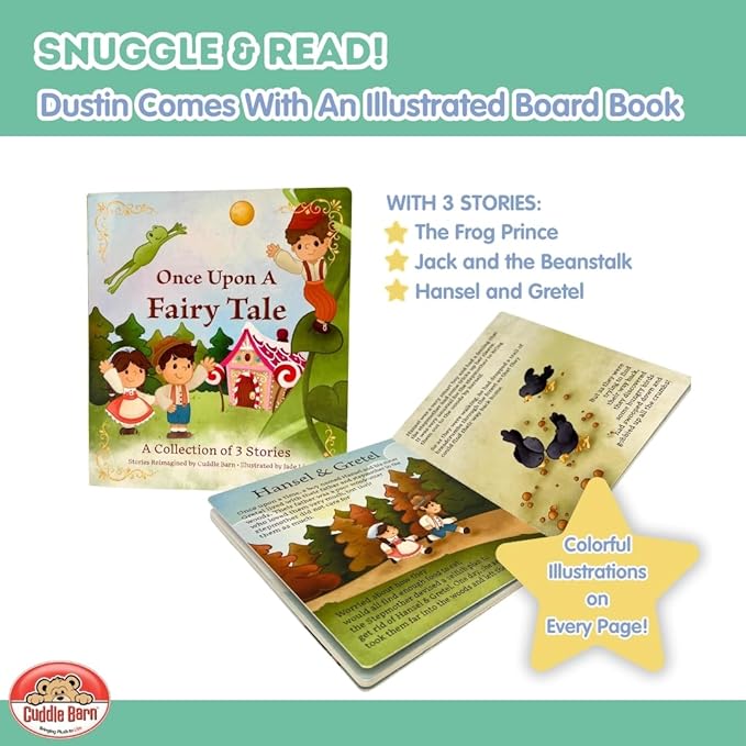 Cuddle Barn - Read-with-Me Dustin | Soft Storytelling Plush with Board Book | Fluffy Green Dragon Stuffed Animal Sways and Moves Mouth | Reads 3 Fairy Tales with Pause and Skip Buttons - 12 inches
