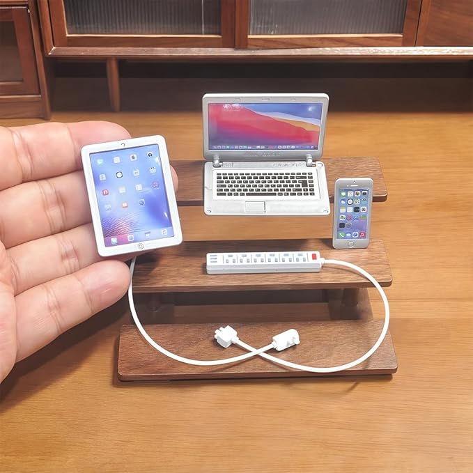 1:6 Scale Dollhouse Accessories - 4 Colors Miniature Digital Set: Metal Smartphone, Tablet, Laptop & Desktop USB Socket - 1:12 Scale Miniature Collectibles Gift (Silvery)