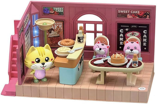 Koko's Cat Town DIY Miniature House Kit,Tiny House Cake Shop Building Kit,Dollhouse for 3 and up, Dollhouse Building Kit with Cats,Cat Toys Gift for Teens Kids Ages 3+