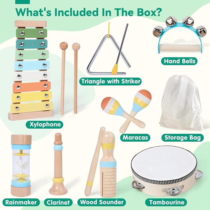 Baby Musical Instruments Wooden Montessori Toys for Toddlers 1-3, Neutral Colors Boho Wooden Montessori Toys Xylophone Instruments Set with Storage Bag for 1 2 3 Year Old Kids Baby Toddlers Boys Girls