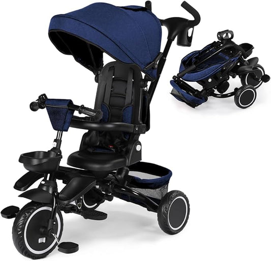Kinder King Kids Tricycle, 8 in 1 Folding Toddler Trike w/Adjustable Push Handle, Rotatable Seat, Adjustable Canopy, Bell, Five-Point Harness, Storage, Toddler Stroller Bike for Age 6 Months+, Blue