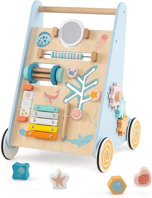 HONEY JOY Baby Push Walker, Wooden Infant Walker Activity Center with Shape Sorter, Develop Motor Skills & Creativity, Push Toys for Babies Learning to Walk, Gift for Boys & Girls