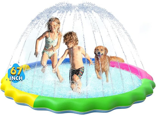 VISTOP Non-Slip Splash Pad for Kids and Dog, Thicken Sprinkler Pool Summer Outdoor Water Toys - Fun Backyard Fountain Play Mat for Baby Girls Boys Children or Pet Dog (67 inch, Red&Yellow&Green&Blue)