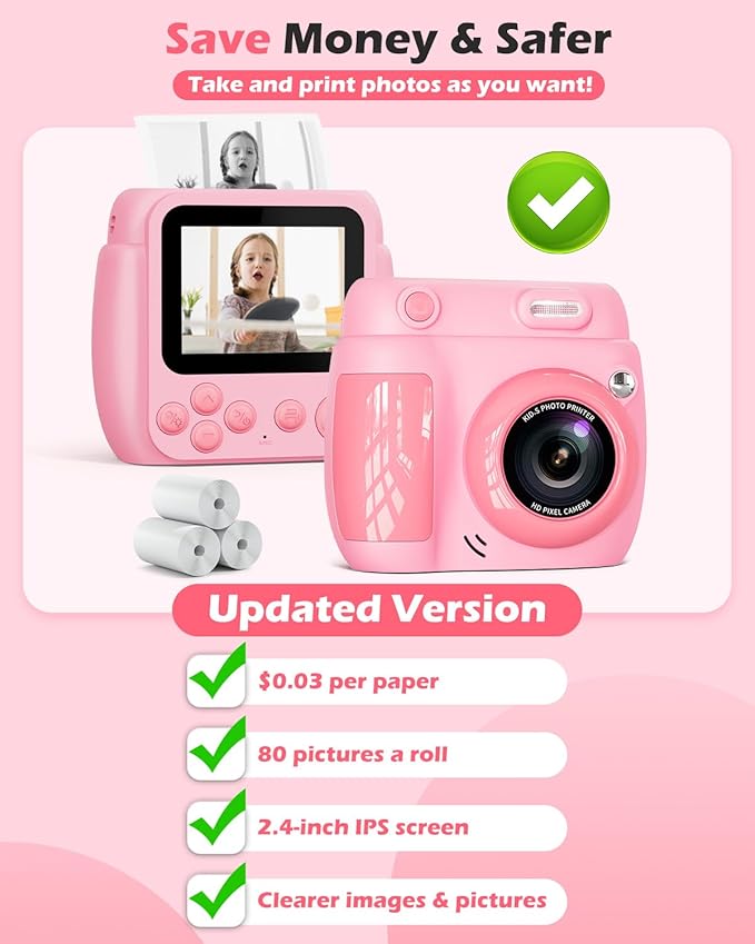 Kids Camera Instant Print - Christmas Birthday Gifts for Girls Boys Age 3-12, 1080P Video Digital Camera with 3 Rolls Printing Paper, Toddler Travel Toy Camera for 4 5 6 7 8 9 10 11 Year Old - Pink