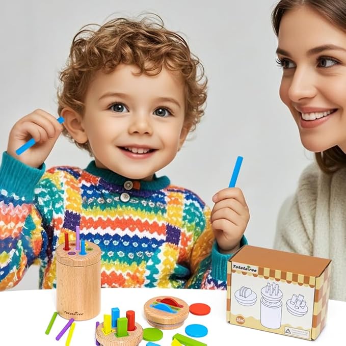 Wooden Montessori 3-in-1 Sensory Matching Games Play Set, Color & Shape Sorting Coin Box for Ages 2-4, Toddler Learning Toy