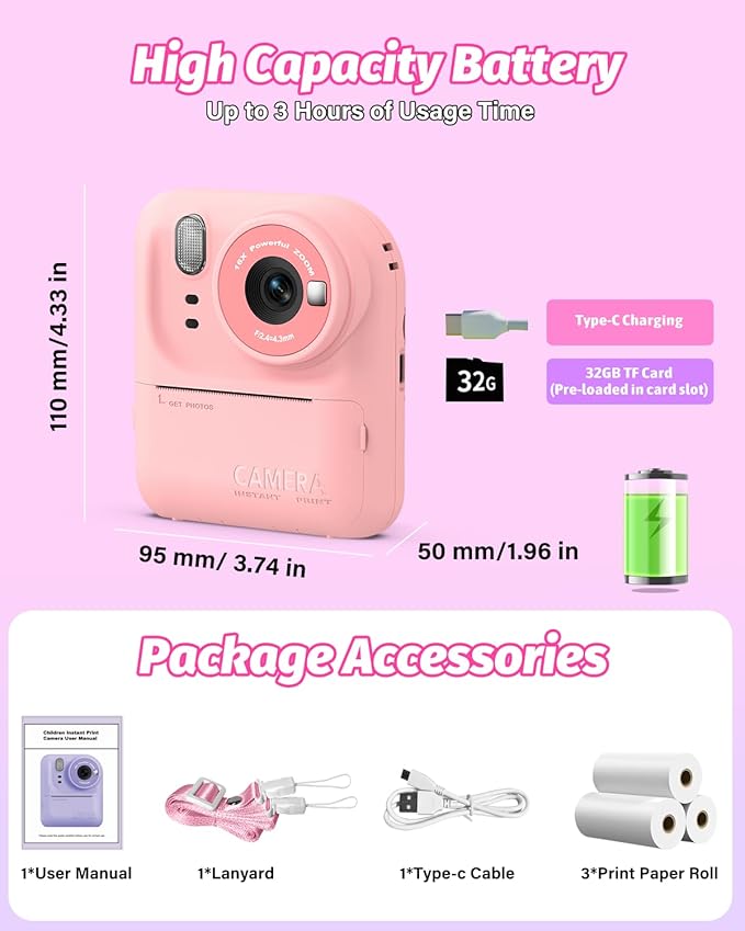 Kids Camera Instant Print Photo, Portable Thermal Printing Camera Toy with HD Digital Video, for 3-12 Years Old Boys Girls, Creativity & Learning (Pink)