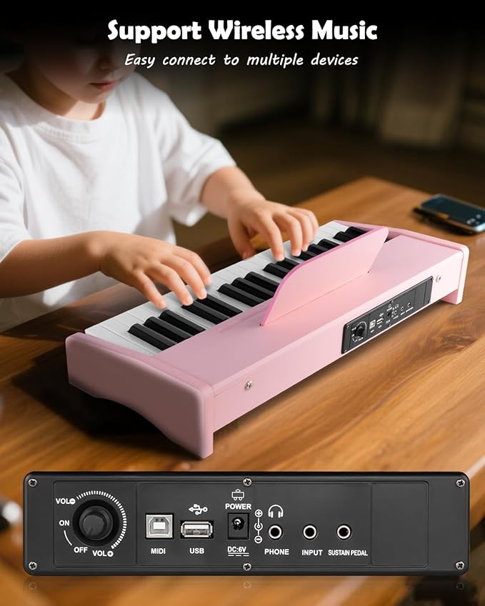 STRICH 37 Keys Kids Piano Keyboard, Mini Digital Piano for Kids, Volume Adjustable, Music Book, Wood Piano for 3+ Girls and Boys, Pink Color, SEK-37