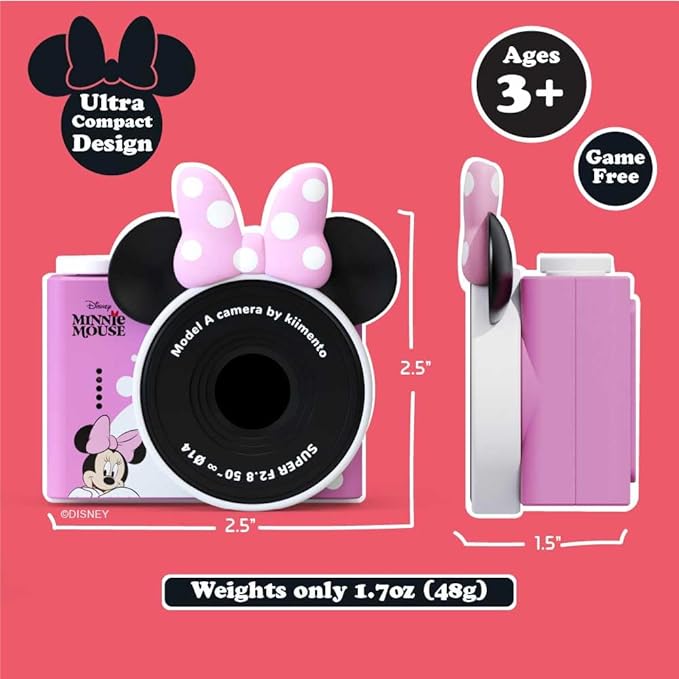 Minnie Mouse Mini Kids Toy Digital Camera & Video Camcorder for Ages 3-5, Teens and Adults, Selfie Lens, 20+ Filters, 12MP, 32GB, 1.55" Screen, Hand Made Strap - Model A by kiimento