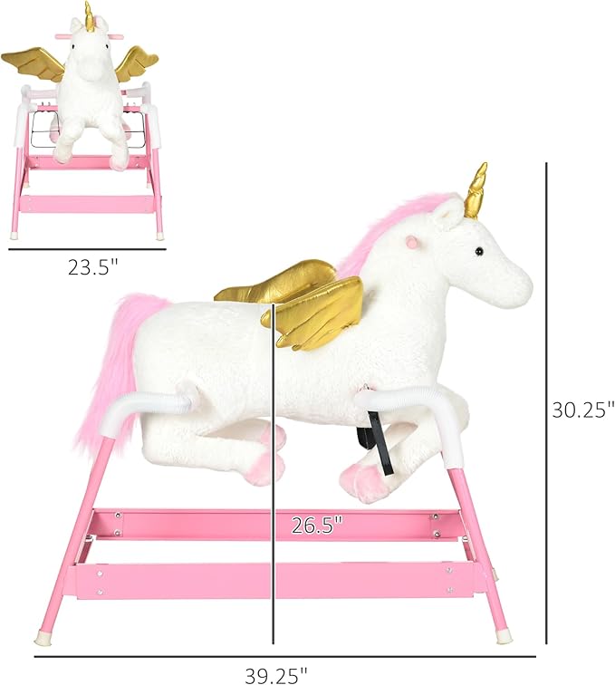 Qaba Kids Spring Rocking Horse, Ride on Horse for Girls and Boys with Animal Sounds, Plush Horse Ride-on with Soft Feel, Interactive Toy for Kids, Pink
