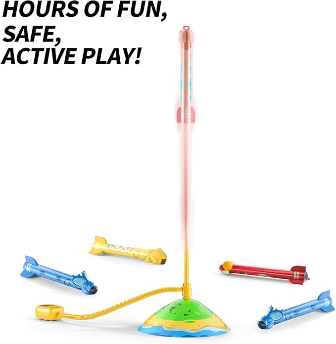 TEMI Dinosaur Rocket Launcher - 6 Dino Rockets, Launch up to 100 ft, Fun Outdoor or Indoor Kids Toy for Boys & Girls Age 3-7, Dinosaur Toy, Birthday Gift for Kids Age 4-8