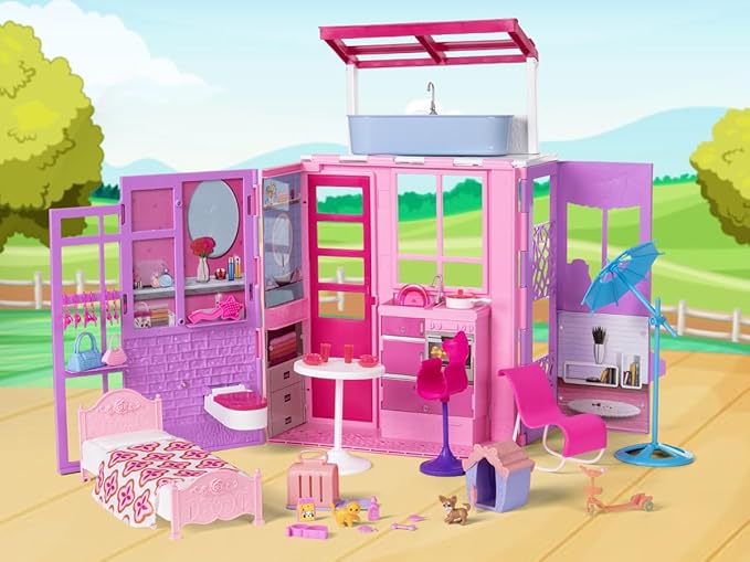 BETTINA Foldable Doll House for 12'' Dolls, 2-Story Dollhouse W/ Loft,Pets Rooms, 40+ Pcs Dollhouse Furnitures & Accessories, Space Saving Playhouse Birthday Xmas Toys Gifts for Girls 3 4 5 6 7 8+