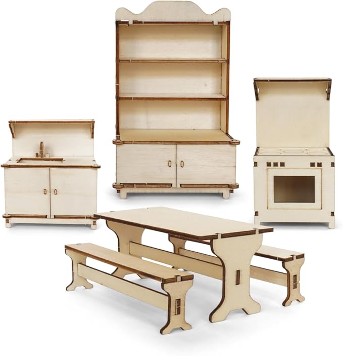 Kitchen Dollhouse Craft Kit – Easy to Build & Paint Miniature Kitchen | Cardboard Room + 6 Wooden Pieces + Decoration Sheets | 1:12 Scale | Sam & Julia's Mouse Mansion