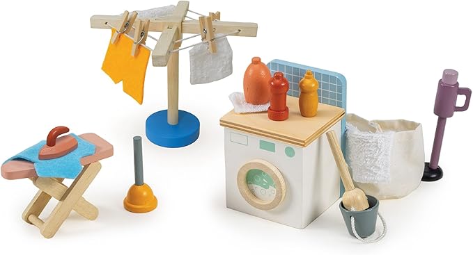Mentari Toys - Laundry Set - Wooden Dollhouse Playset with Washing Machine, Ironing Board, Dryer, and Cleaning Tools - Encourages Imagination, Fine Motor Skills and Everyday Routine Learning - Age 3+