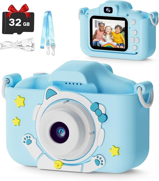 Kids Camera Toys for 3-8 Year Old Girls Boys, Toddler Digital Video Camcorder with Cartoon Soft Silicone Cover, Christmas Birthday Gifts for Kids - 32GB SD Card Included