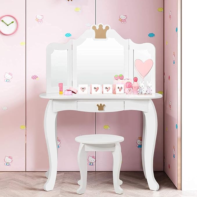 HONEY JOY Kids Vanity, Crown Themed Toddler Dressing Makeup Table and Chair Set w/Drawer & Tri-Folding Mirror, Detachable Mirror, Princess Pretend Play Girls Vanity Set with Mirror and Stool(White)