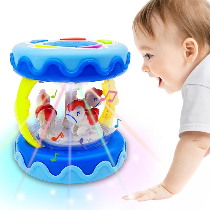 Baby Girl Toys Hand Drum Baby Rotating Musical Light Up Sensory Activity Crawling Toys 2 3+ Year Old Infant Girls Toy Gifts (Blue)