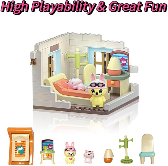 Koko's Cat Town DIY Miniature House Kit,Tiny House Bedroom Building Kit,Purrfect Dollhouse with 251PCS,Cat Toys Gift for Teens Kids Ages 3+,Dollhouse for 3 and up