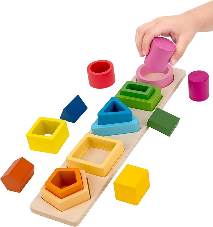 Montessori Toys for 1 2 3 Year Old, Wooden Stacking & Sorting Toy with Geometric Shapes, Educational Learning Toys and Birthday Gifts for Toddlers Boys Girls 1-3