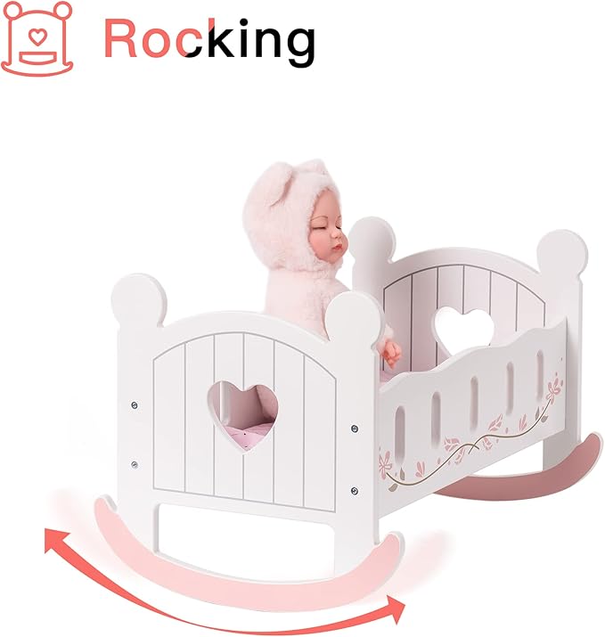 ROBOTIME Wooden Play Doll Cradle Rocking Baby Doll Crib, Reversible Doll Bedding for Toddler Girl,Fits Dolls Up to 20 Inches (White)