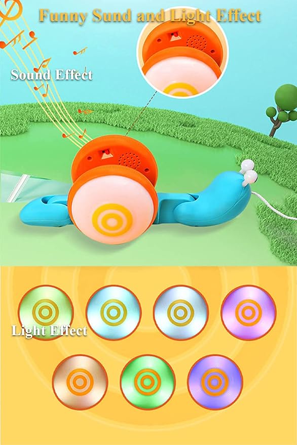 Pull String Crawling Snail, Funny Wriggly Snail Toddlers Walking-Learning Toy Pull and Push Baby Toy with Music and Lights Effect (Blue-Orange)
