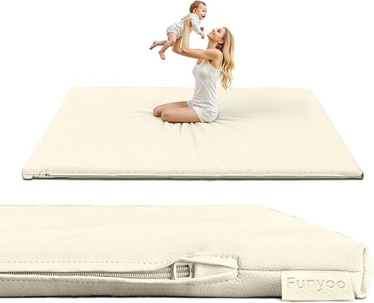 Padded 71" ×59" Large Baby Play Mat for Floor, 1.2" Thick Memory Foam Playmat with Soft Vegan Leather Cover, Cushioned Play Mat for 71" x59" Playpens, Beige