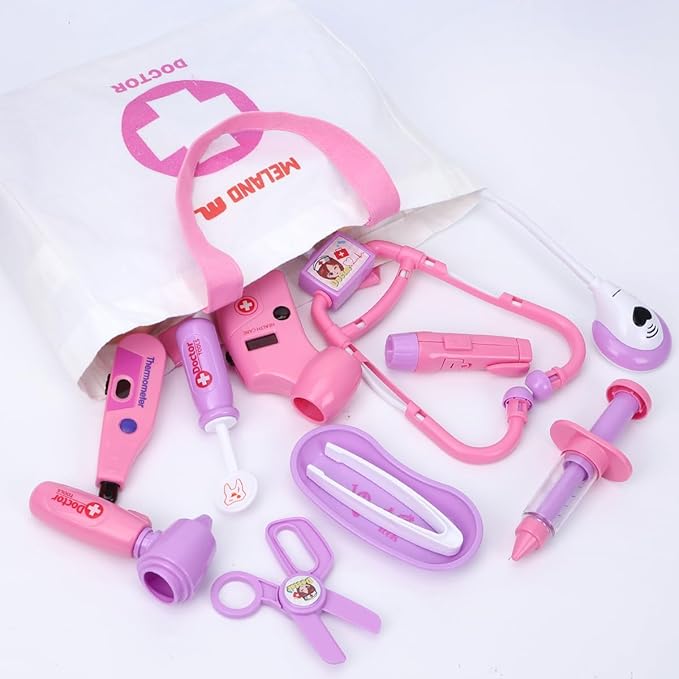 Meland Toy Doctor Kit for Girls, Pretend Play Toy Doctor Set with Dog , Carrying Bag, Stethoscope & Dress Up Costume Gift for Kids Toddlers Ages 3 4 5 6 Year Old for Role Play