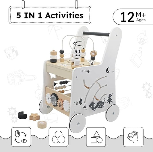 Wooden Baby Walker - 5in1 Montessori Activity Cubes, Baby Push Walker for Toddler, 1+ Year Old Boy Girl | Sorting & Stacking Toys, Bead Mazes & Counting Toys