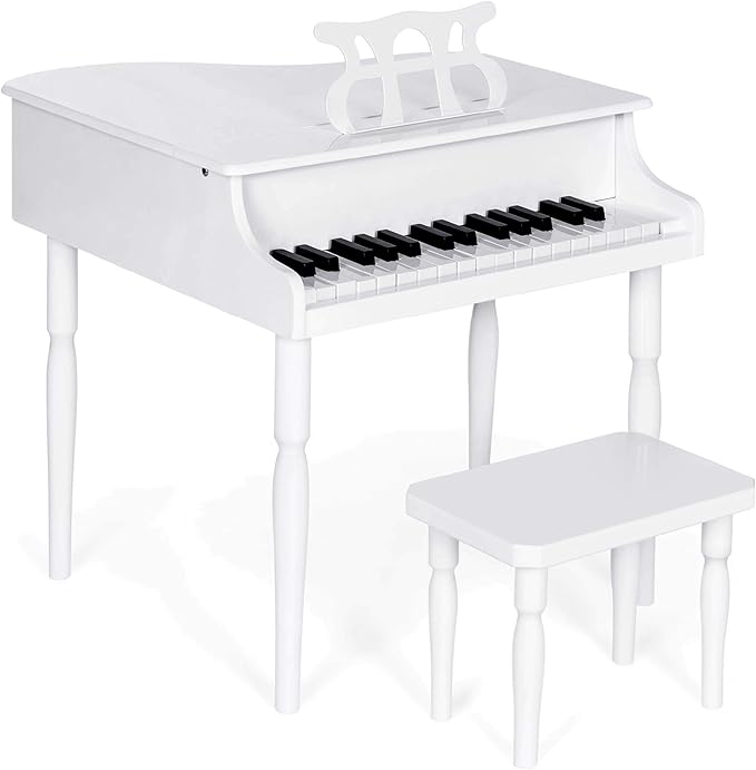 Best Choice Products Kids Classic Wooden 30-Key Mini Grand Piano Musical Instrument Toy w/ Piano Lid, Bench, Foldable Music Rack, Song Book, Note Stickers, Enamel Finish - White