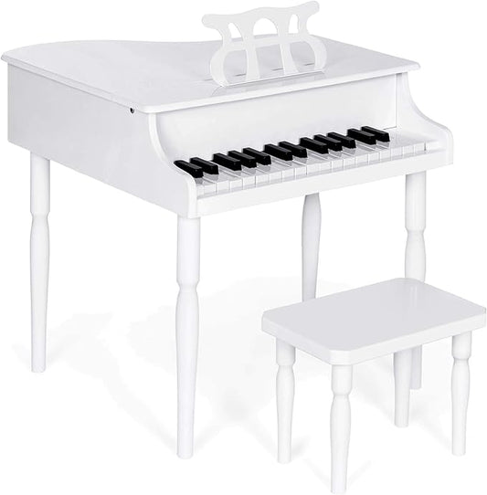 Best Choice Products Kids Classic Wooden 30-Key Mini Grand Piano Musical Instrument Toy w/ Piano Lid, Bench, Foldable Music Rack, Song Book, Note Stickers, Enamel Finish - White
