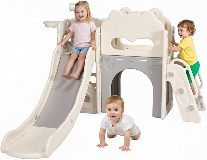 Arlopu 8 in 1 Toddler Slide Playset for Kids, Indoor Outdoor Baby Slide with Basketball Hoop, Telescope & Storage Space, Kids Playground Climber with Enclosed Steps (White Grey)