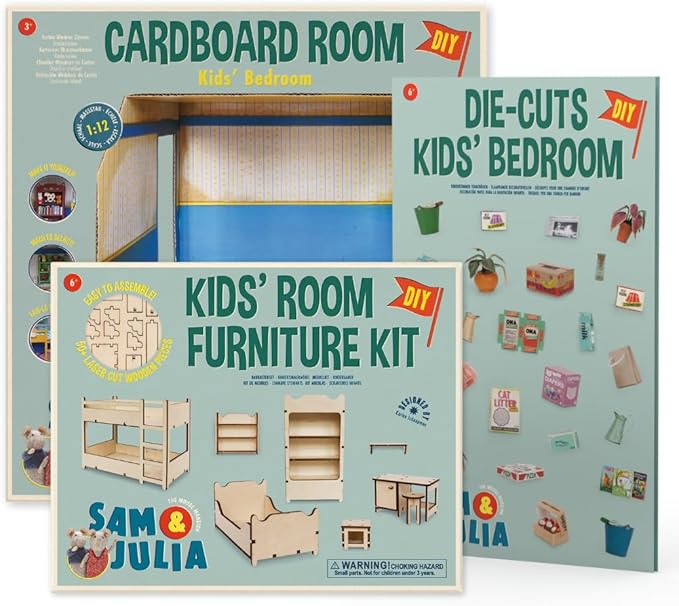 Kids' Bedroom Dollhouse Craft Kit – Easy to Build & Paint Miniature Room | Cardboard Room + 7 Wooden Pieces + Decoration Sheets | 1:12 Scale | Sam & Julia's Mouse Mansion