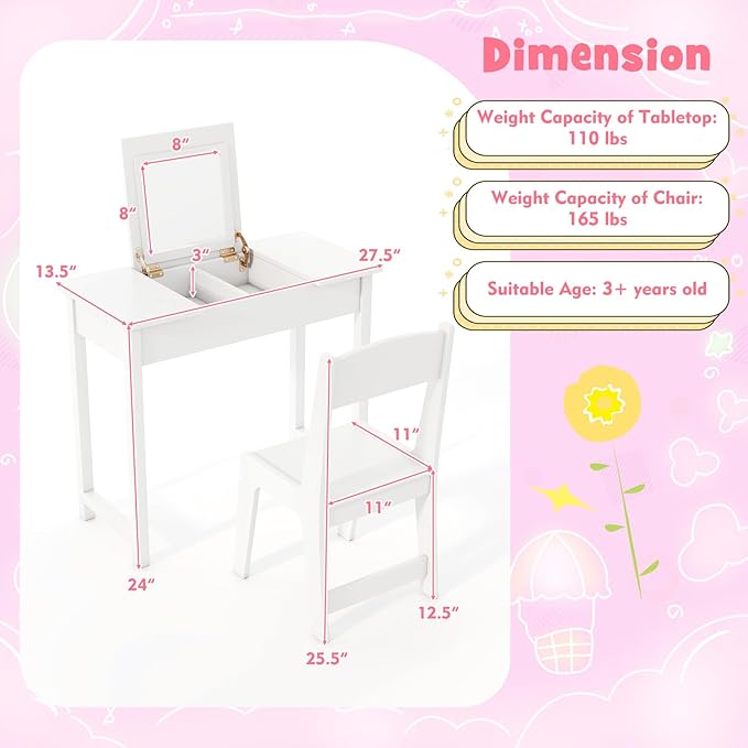HONEY JOY Kids Vanity, Wooden Girls Vanity Desk with Flip Top Mirror, Hidden Storage Space, Toddler Makeup Vanity Dressing Table, Pretend Play Kids Vanity Table and Chair Set (White)