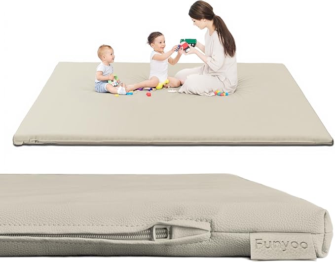 Padded 79" ×59" Large Baby Play Mat for Floor, 1.2" Thick Memory Foam Playmat with Soft Vegan Leather Cover, Cushioned Play Mat for 71" x59" Playpens, Grey