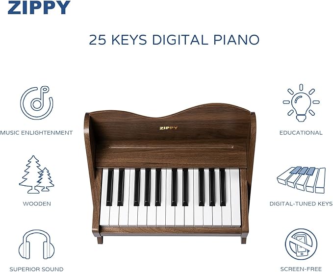 ZIPPY Kids Piano Keyboard, 25 Keys Digital Piano for Kids, Volume Adjustable, Mini Music Educational Instrument Toy, Wood Toy for Toddlers Girls Boys (Walnut)