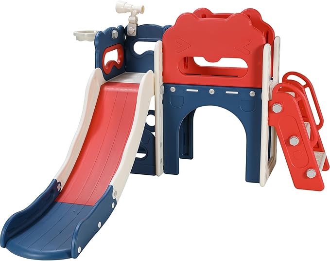 Arlopu 8 in 1 Toddler Slide Playset for Kids, Indoor Outdoor Baby Slide with Basketball Hoop, Telescope & Storage Space, Kids Playground Climber with Enclosed Steps (Red Blue)