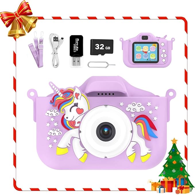 Kids Camera for 3-9 Year Old Boys Girls, Children Digital Camera with Cute Cartoon Soft Cover & 32GB SD Card, Best Christmas Birthday Gifts for Grandkids, Halloween Party Favors for Kids - Purple