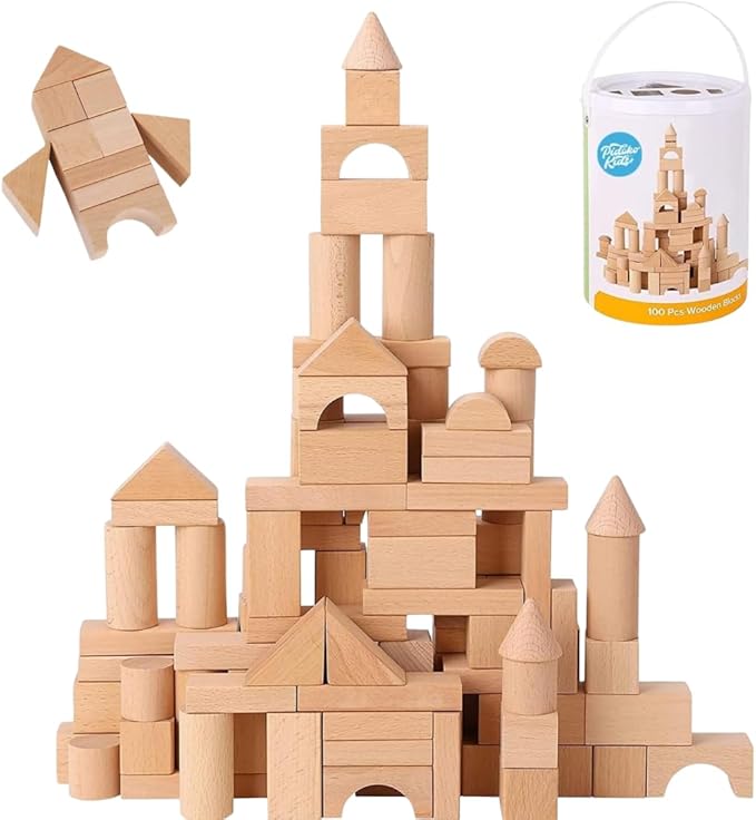 Pidoko Kids Wooden Blocks - 100 Pcs - Building Blocks for Toddlers - Includes Storage Container with Shape Sorter Lid - Natural Beech Wood Blocks - Preschool Learning Toys Stacking Block
