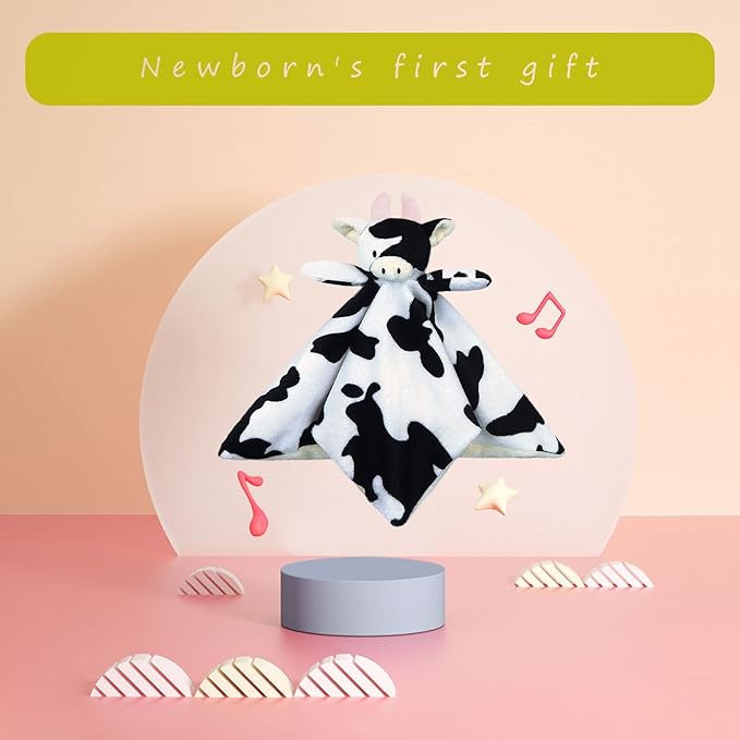 Baby Cow Soft Stuffed Animal Security Blanket, Plush Cow Character Lovey Blanket, Baby Shower/Nursery Gift, Newborn Infant Toddler Snuggle Blankie for Boys Girls, Pink Horns, 13 Inches