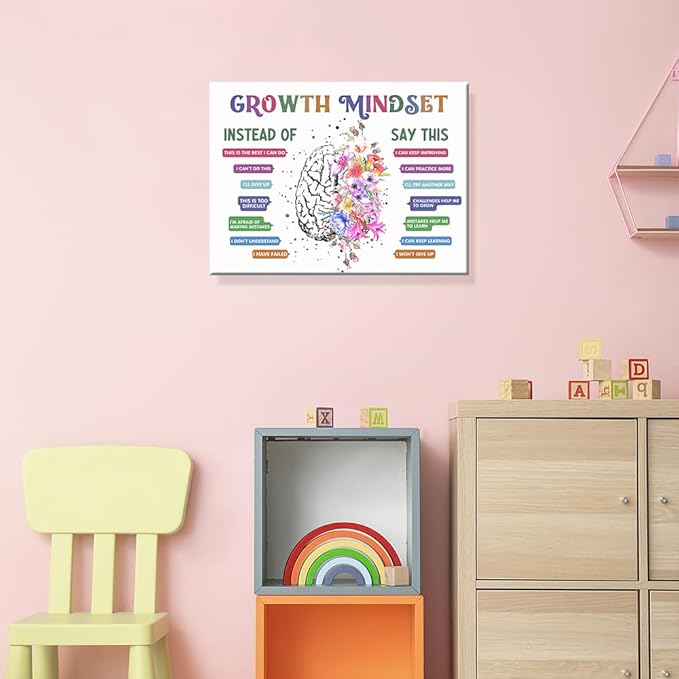 uoyien Classroom Growth Mindset Affirmations for Kids Mental Health Posters Brain Poster Psychology Special Education Calm Corner Wall Art Office Therapy Canvas Wall Decor Prints 12x16in Wood Framed