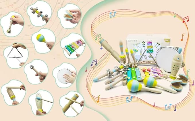 15Pcs Musical Toys for Toddlers 1-3, Baby Musical Instruments Set, Wooden Montessori Toys Percussion, Birthday Gifts for 1 2 3 Year Old Kids Boy Girls