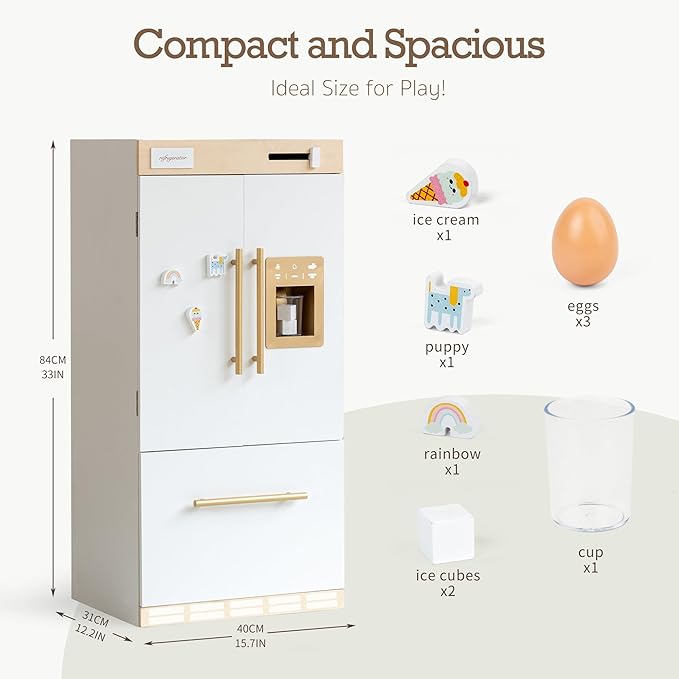 Wooden Play Kitchen Fridge – Interactive Ice Maker, Double Door Storage & Creative Fridge Magnets, Pretend Play Refrigerator for Boys & Girls 3+