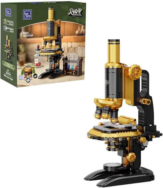 PANTASY Retro Microscope Building Kit for Adults, Antique Science Instrument Model with Mechanical Design, Brass Finish & Lab Accessories, Collectible Display Brick Set