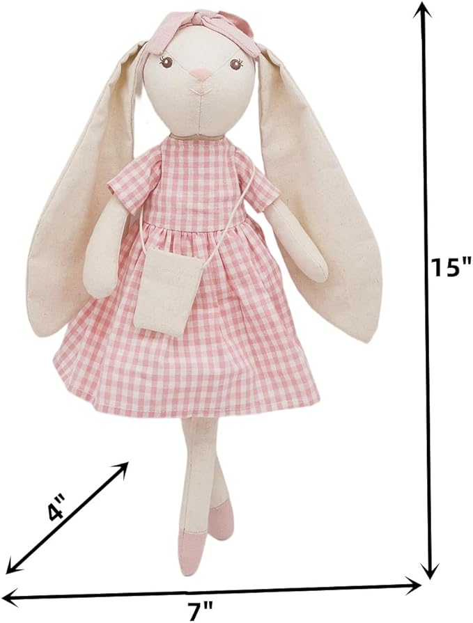15" Bunny Stuffed Animal for Girls, Plush Toy Doll -Wearing Pink Plaid Dress,Cute Doll Set Dress Up for 3 4 5 Year Old Girl - Gift for Little Girl, Birthday, Easter,Christmas…