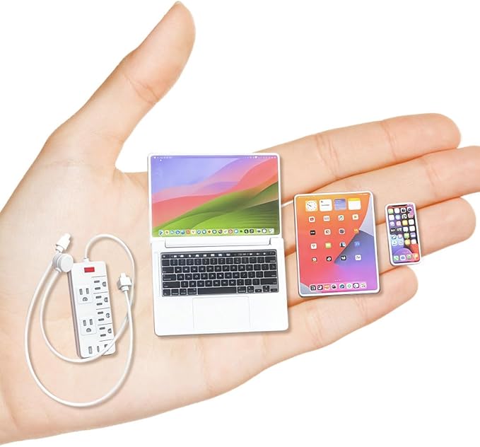 Miniature Electronics Set for Dollhouses: 1:6 Scale Metal Smartphone, Tablet, Laptop & Socket - Doll Accessory Compatible with 1:12 Scale Miniatures - 5 Color Variants (White)