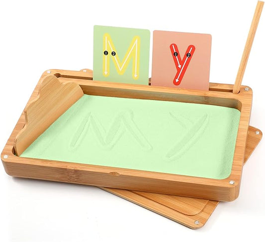 Sand Tray for Classroom Wooden Montessori Sand Tray with Lid for Kids Writing Letters and Numbers, Preschool Classroom Must Haves, Kindergarten Learning Tools (Green)