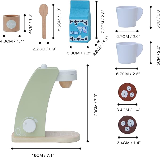Teamson Kids - Little Chef Frankfurt Wooden Coffee Machine Play Kitchen Accessories - Green- 8 pcs