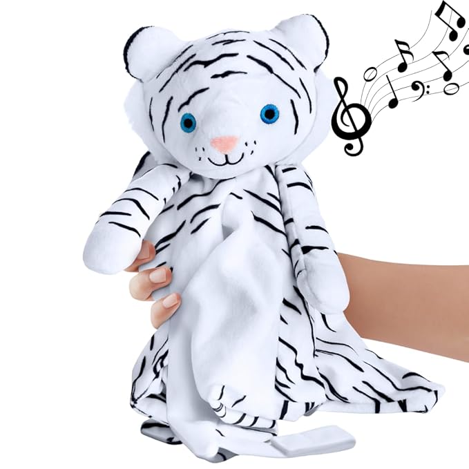 Love By Emi Baby Sleep Soother White Tiger Plush with Heartbeat & Lullaby Sounds, 4-in-1 Sound Machine, Security Blanket & Pacifier Holder, Baby Registry Essential for Newborns, Infants & Toddler