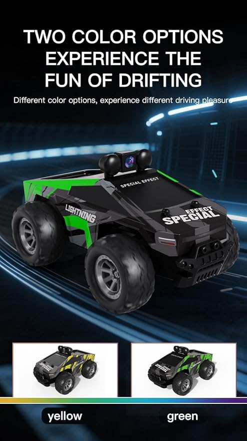 rc car with FPV Camera,Monster Trucks,1:28 Remote Control car Toys with LED Lights,2.4GHz,Real-Time Image Transmission,2 Rechargeable Batteries,Black/Yellow