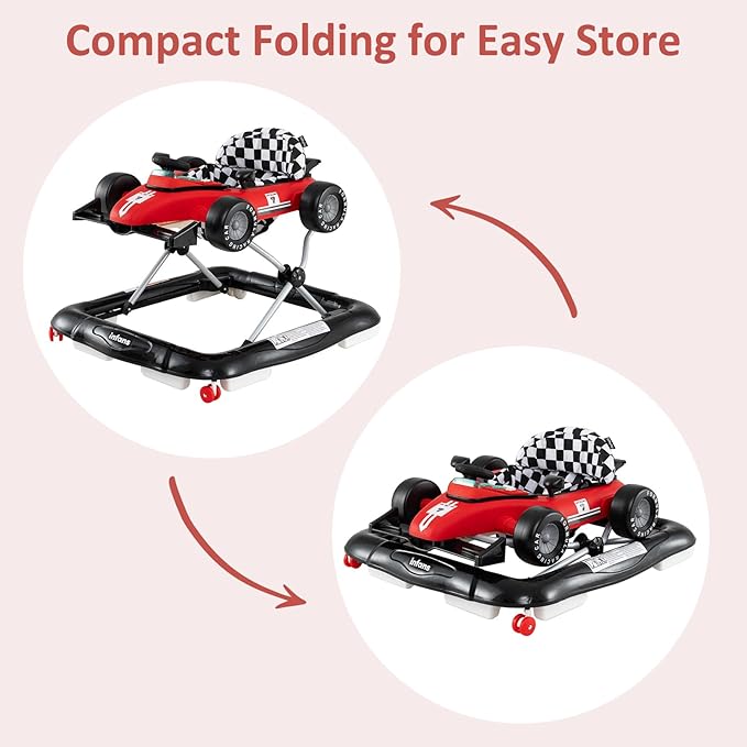 INFANS 4 in 1 Baby Walker, Foldable Toddler Activity Center with Adjustable Height, Padded Seat, Music, Light, Removable Tray, Push Walker for Girls Boys Aged 6-18 Months (Red)