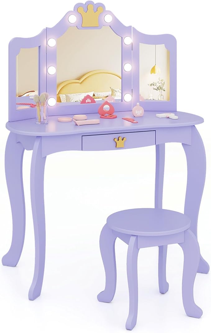 HONEY JOY Kids Vanity with Lights, Crown Girls Vanity Set with Mirror and Stool and Lights, Toddler Vanity, Wooden Makeup Table for Little Girls, Pretend Play Kids Vanity Table and Chair Set(Violet)